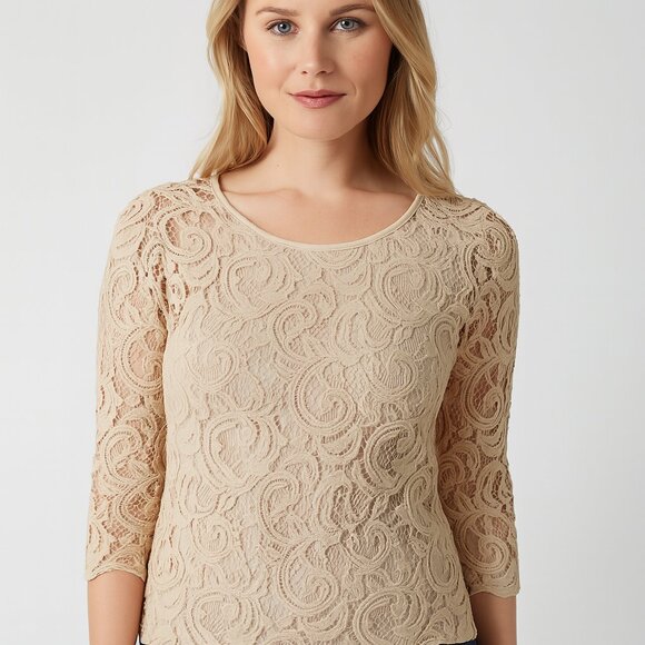 Adrianna Papell Tops - Adrianna Papell Beige Lace Top M | Romantic 3/4 Sleeve Overlay | Elegant Zip Bac